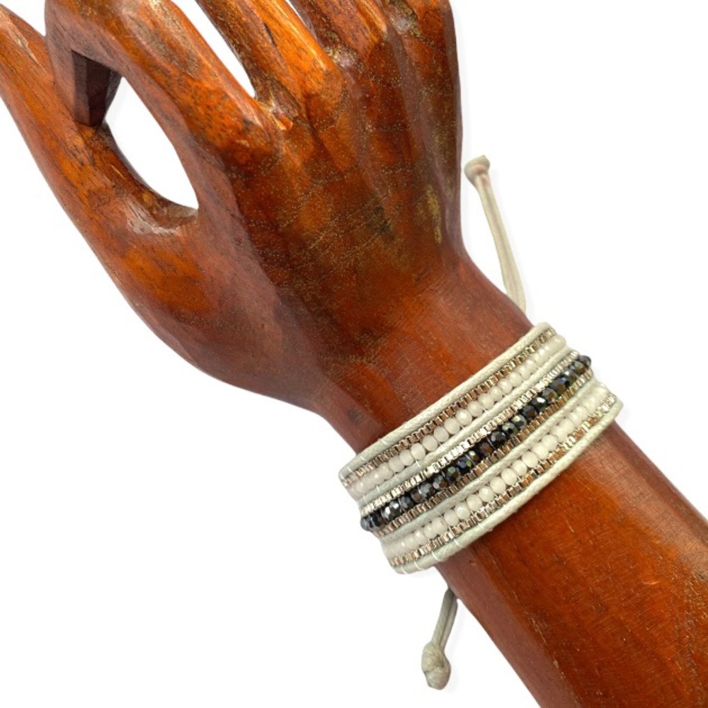 HANDCRAFTED BEADED BAND Bracelet | Adjustable | Silver + Hematite